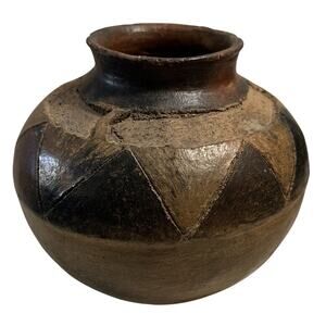 Geometric Etched Pottery Vase Rustic Farmhouse Decor Wood Nicaragua 6” Tall